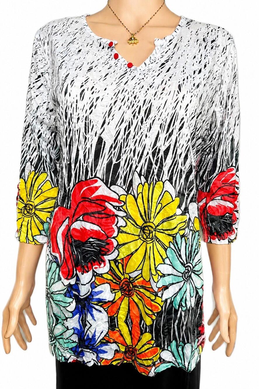 Shana Women’s Floral Print Top Size Small Petite S/P 3/4 Sleeve Stretch Blouse